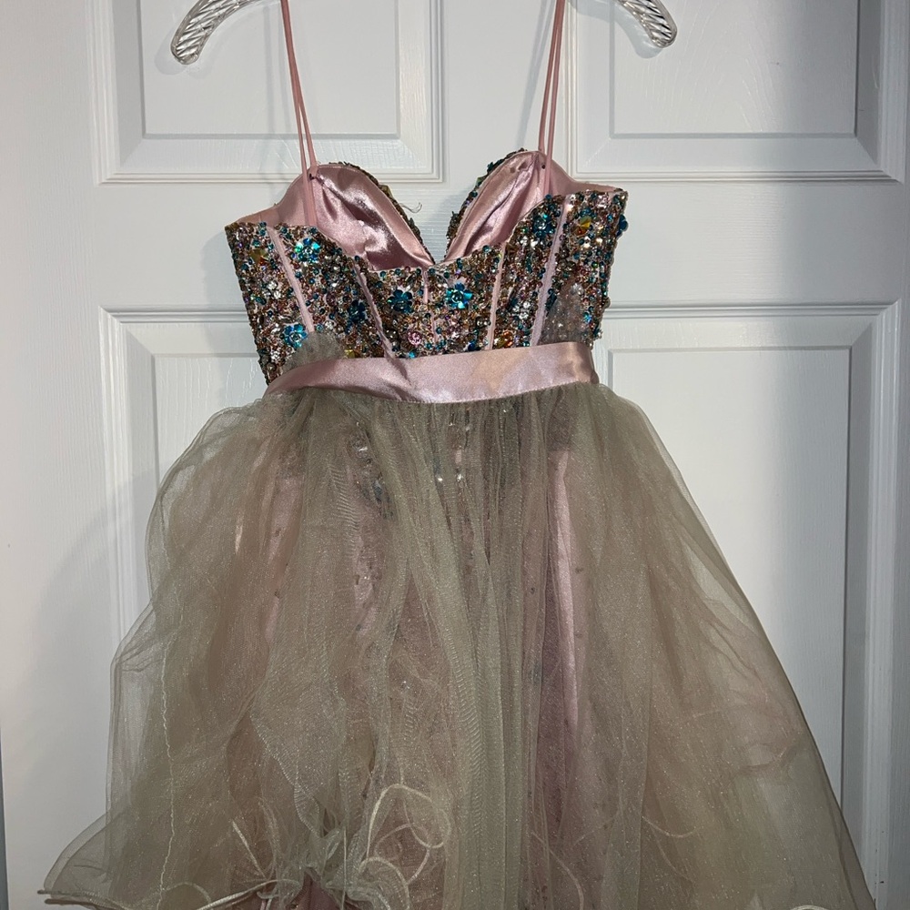Terani Couture Spaghetti Strap Sequin Prom Dress with Pink Bow - Picture 3 of 8